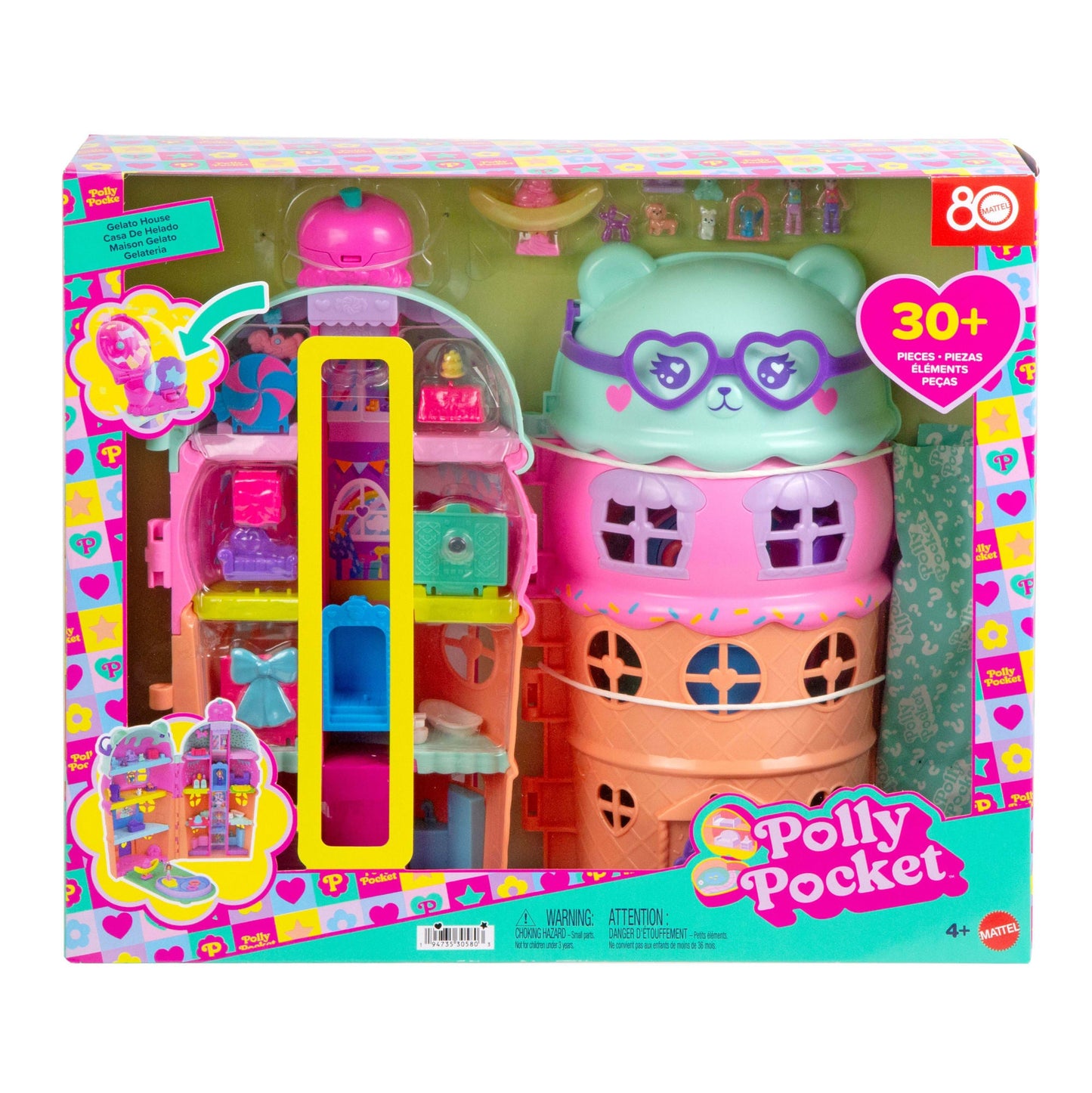 Polly Pocket Dolls And Playset, Gelato House With Elevator, Ice Cream Theme With 25+ Accessories including Furniture And Pets
