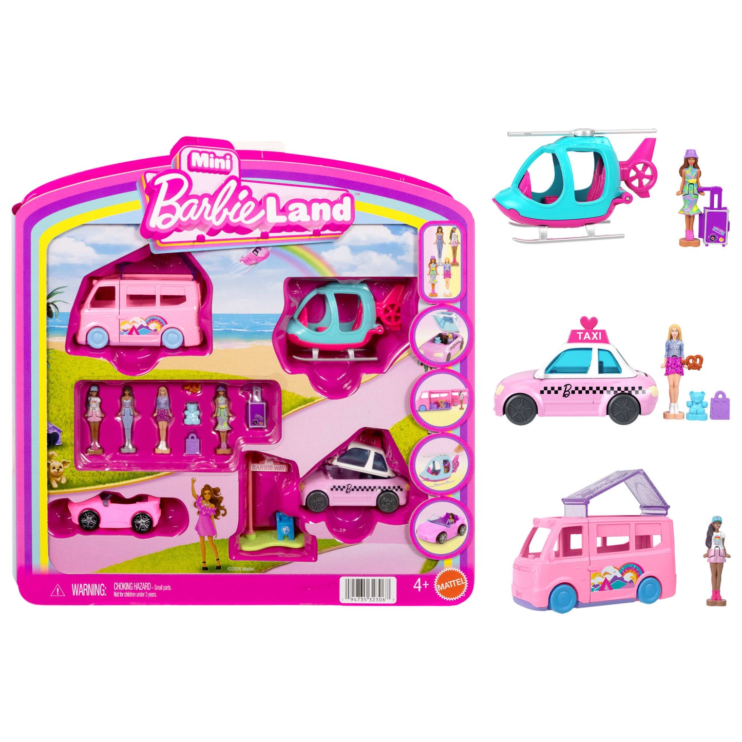 Barbie Mini Barbie Land 4-Pack Doll & Vehicle Set, 4 1.5-Inch Dolls, 4 Toy Vehicles & Accessories