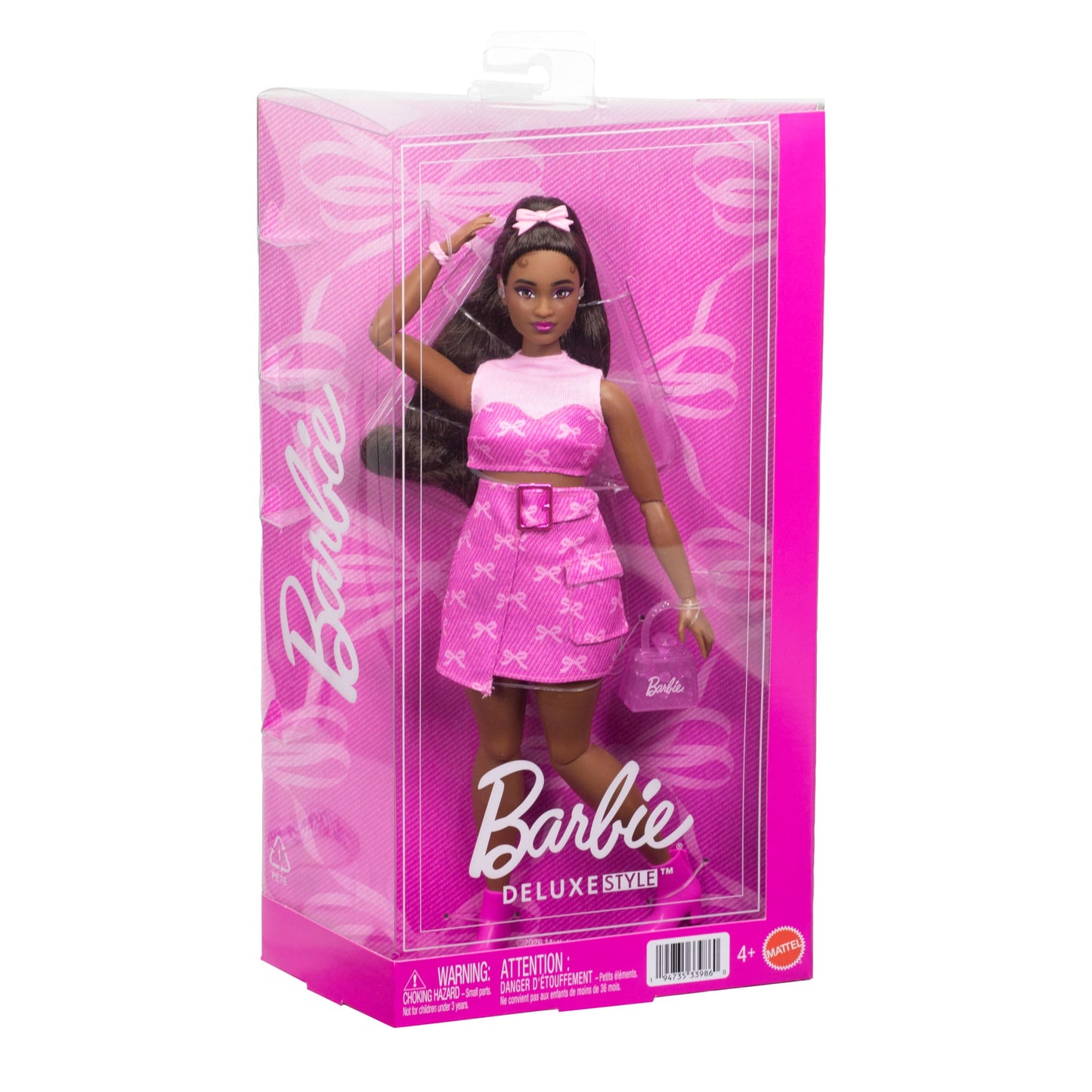 Barbie Deluxe Style Fashion Doll #10 in Pink Denim Top & Skirt Set With Bow Print, Black Hair