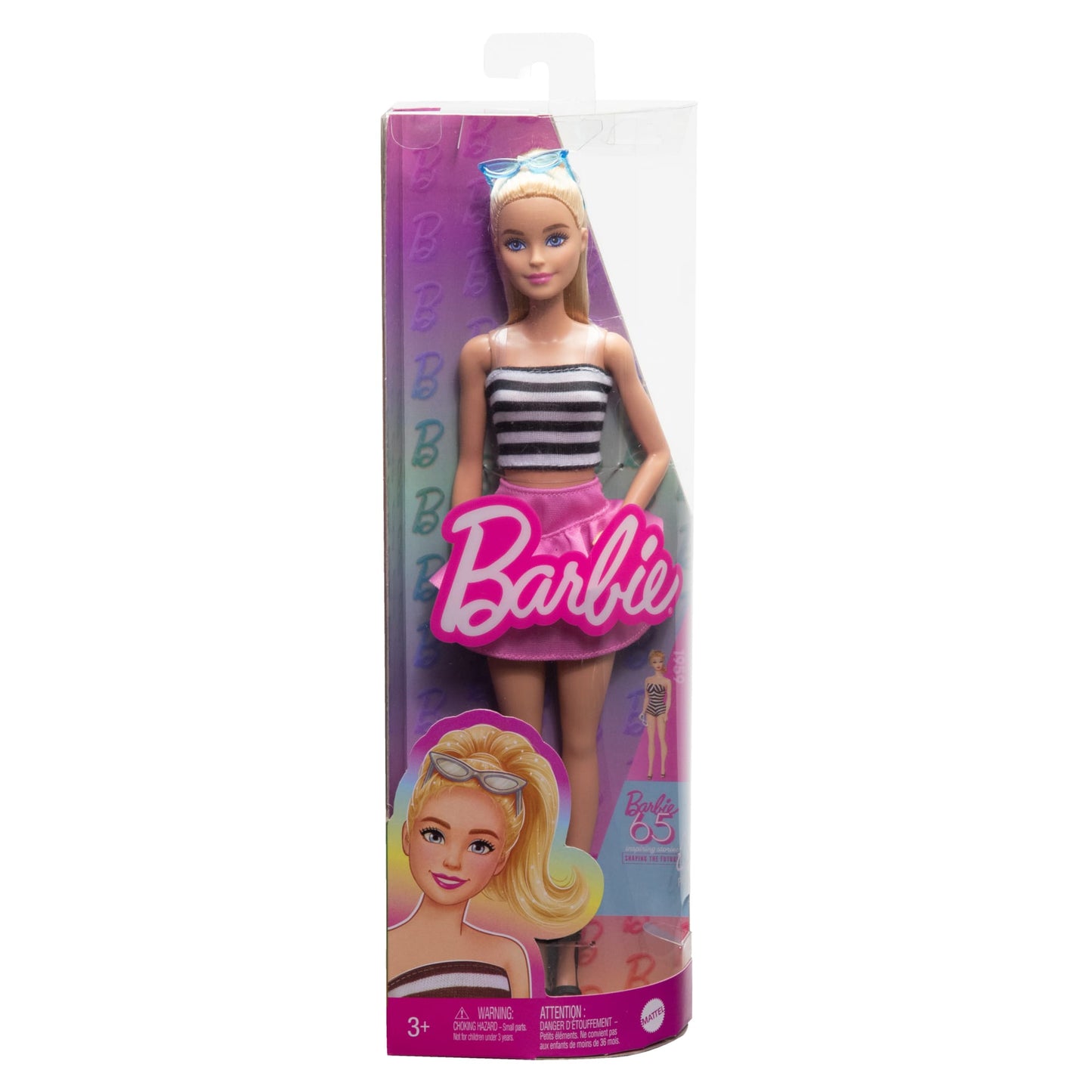 Barbie Fashionistas Doll #213, Blonde With Striped Top, Pink Skirt & Sunglasses, 65Th Anniversary