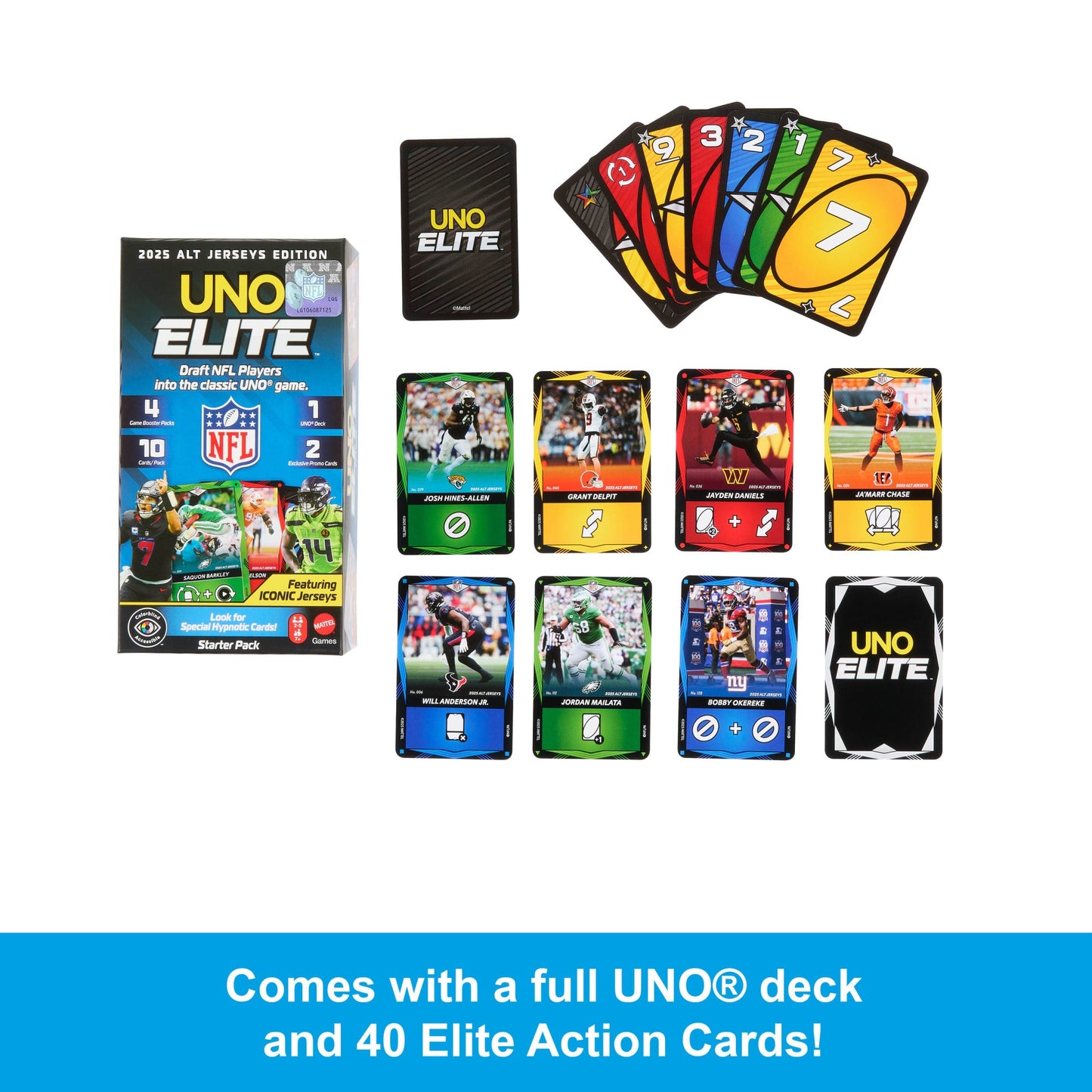 UNO Elite NFL Card Game 2025 Alt Jerseys Edition Starter Pack With 4 Booster Packs & 2 Promo Cards