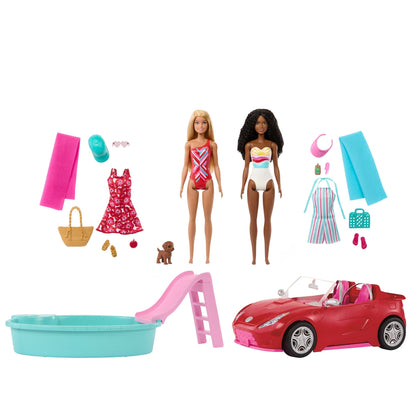 Barbie Playset With 2 Fashion Dolls, Convertible Toy Car, Pool With Slide & 15 Accessories Including Pet