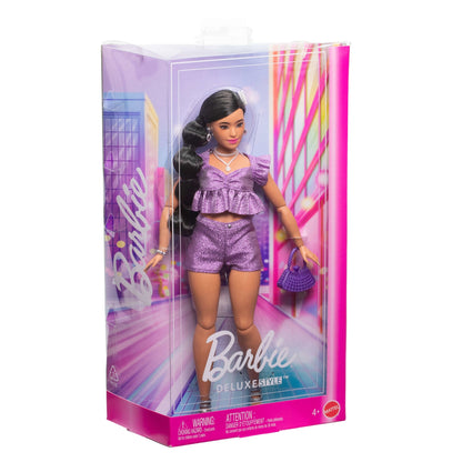 Barbie Deluxe Style Fashion Doll #8 in Metallic Purple Top And Sparkly Shorts With Accessories