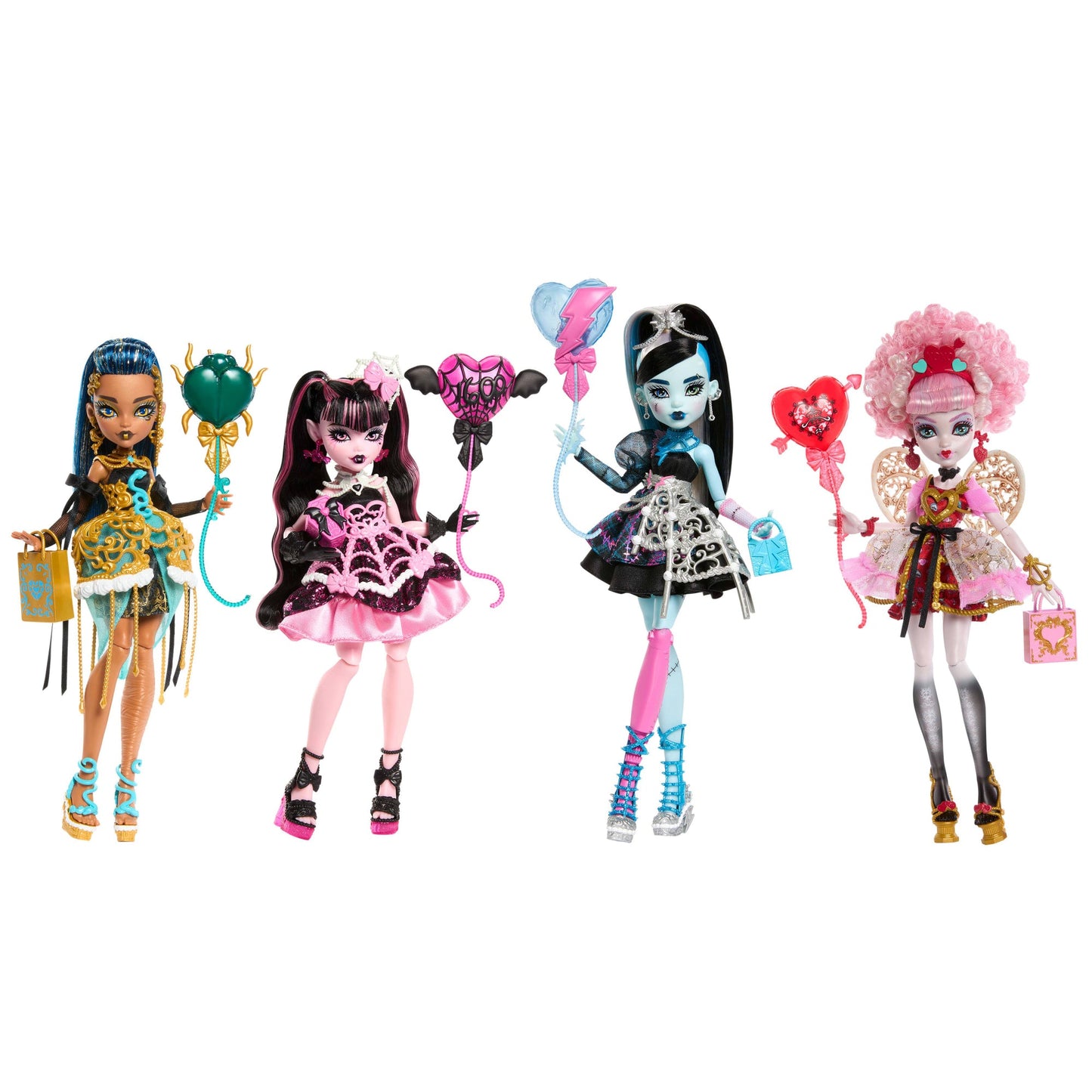 Poupées Monster High Anniversaire Sang-Sationnel Dans des Robes de Fête Avec des Accessoires Comme des Ballons et des Cadeaux