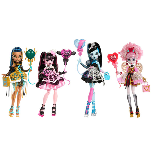 Poupées Monster High Anniversaire Sang-Sationnel Dans des Robes de Fête Avec des Accessoires Comme des Ballons et des Cadeaux