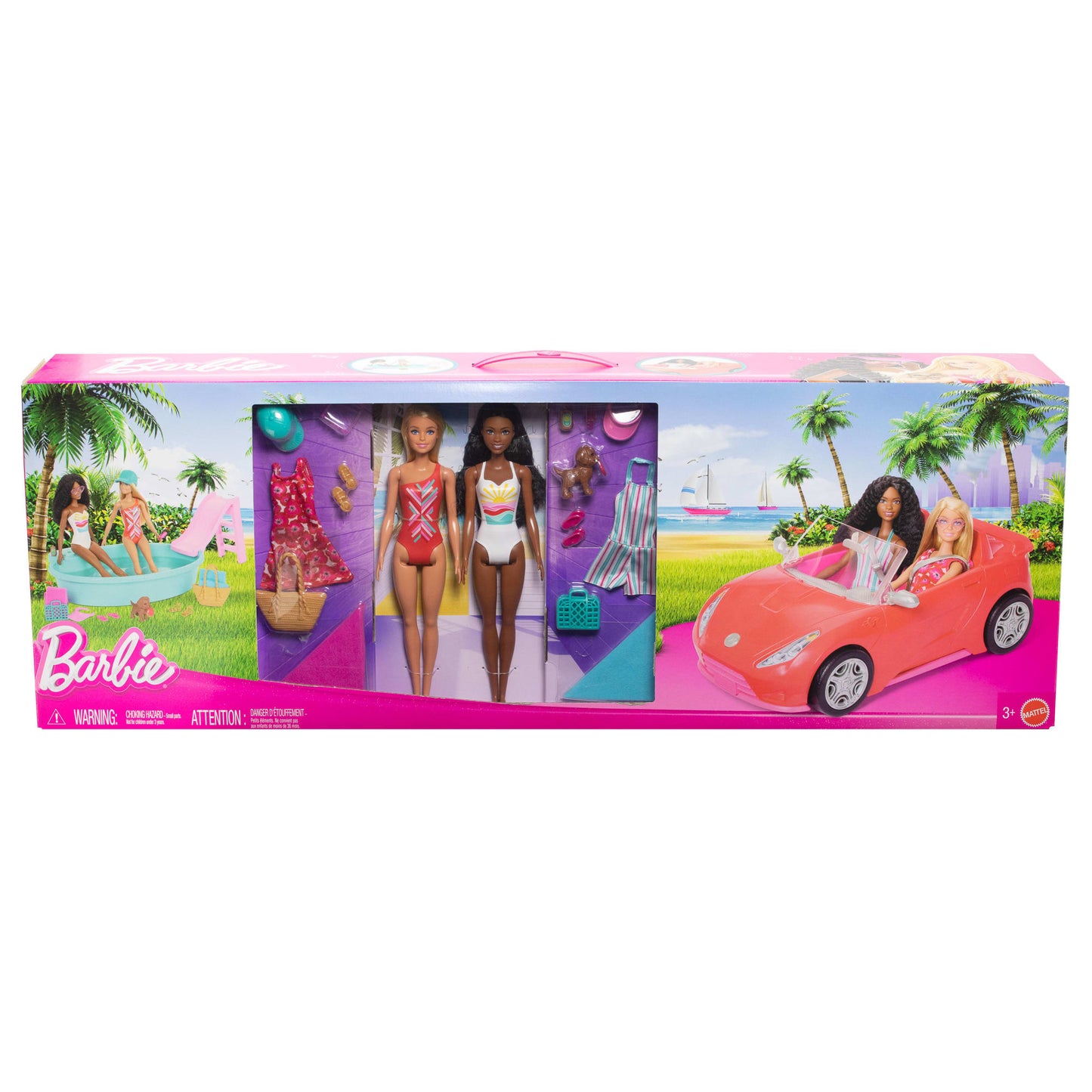 Barbie Playset With 2 Fashion Dolls, Convertible Toy Car, Pool With Slide & 15 Accessories Including Pet