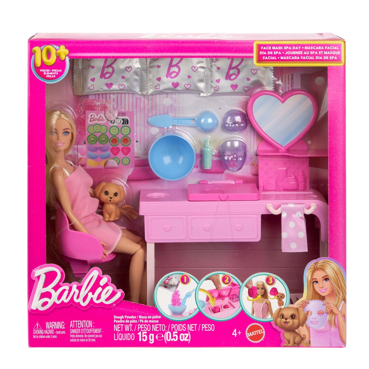 Barbie Face Mask Toy Playset & Doll With 10+ Spa Accessories including 3 Powder Packs To Make Dough Masks
