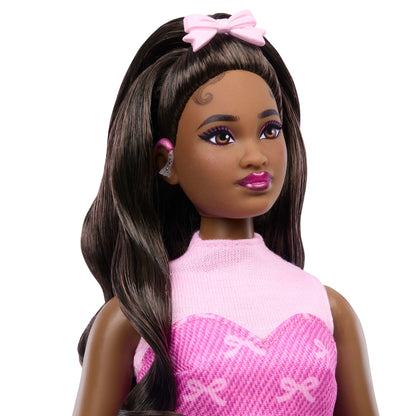 Barbie Deluxe Style Fashion Doll #10 in Pink Denim Top & Skirt Set With Bow Print, Black Hair