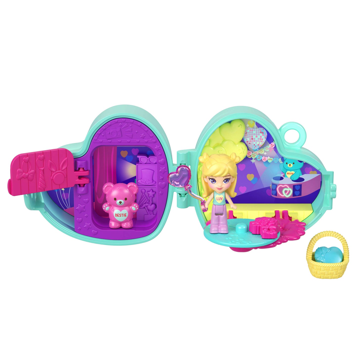 Polly Pocket X Sweethearts Doll & 2 Playsets With 7 Accessories, Compact Travel Toy With Keychain Clip