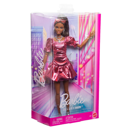 Barbie Deluxe Style Fashion Doll #6 in Metallic Coral Dress With Bubble Hem And Silvery Accessories
