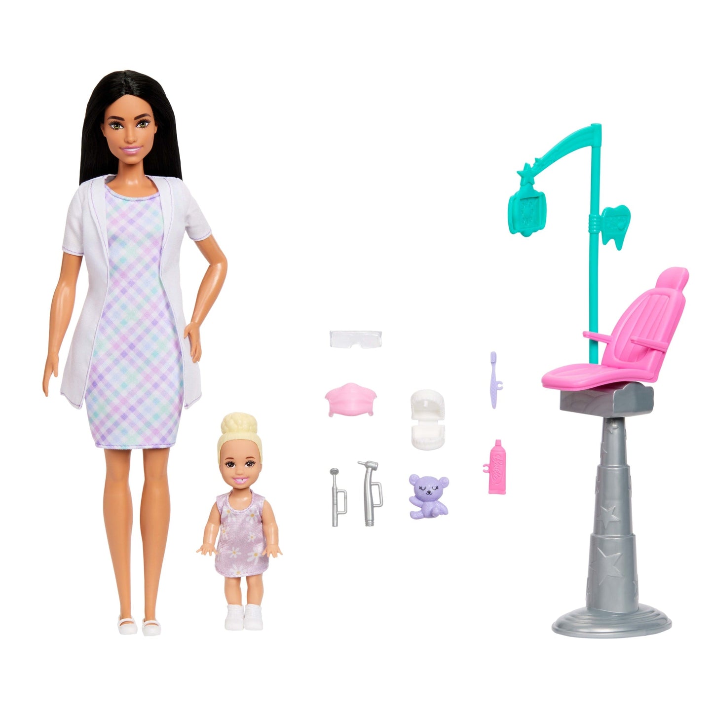 Barbie Careers Dentist Playset With Brunette Fashion Doll, Small Doll, Exam Chair & Accessories