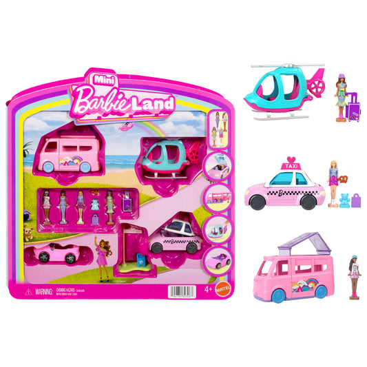 Barbie Mini Barbie Land 4-Pack Doll & Vehicle Set, 4 1.5-Inch Dolls, 4 Toy Vehicles & Accessories