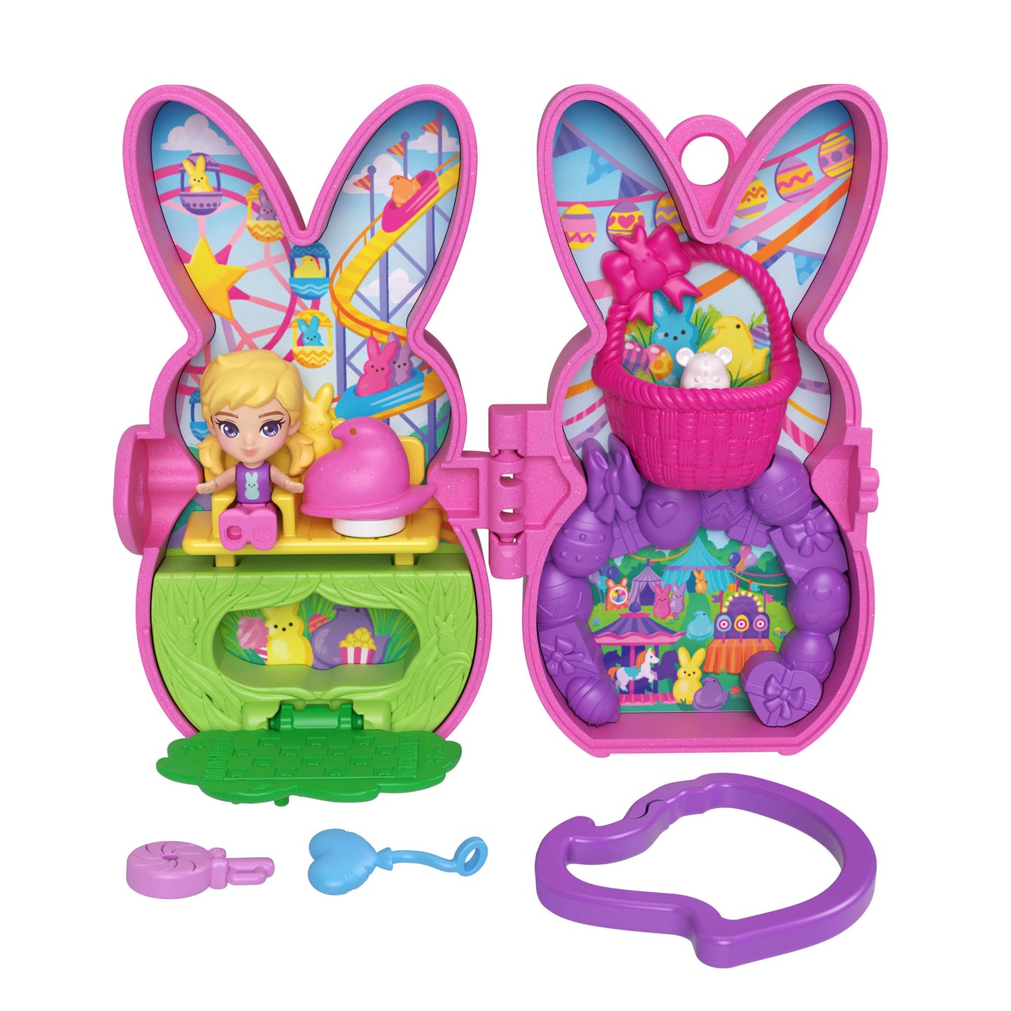 Polly Pocket X Peeps, Doll & 2 Playsets With 7 Themed Accessories, Compact Travel Toy With Keychain Clip