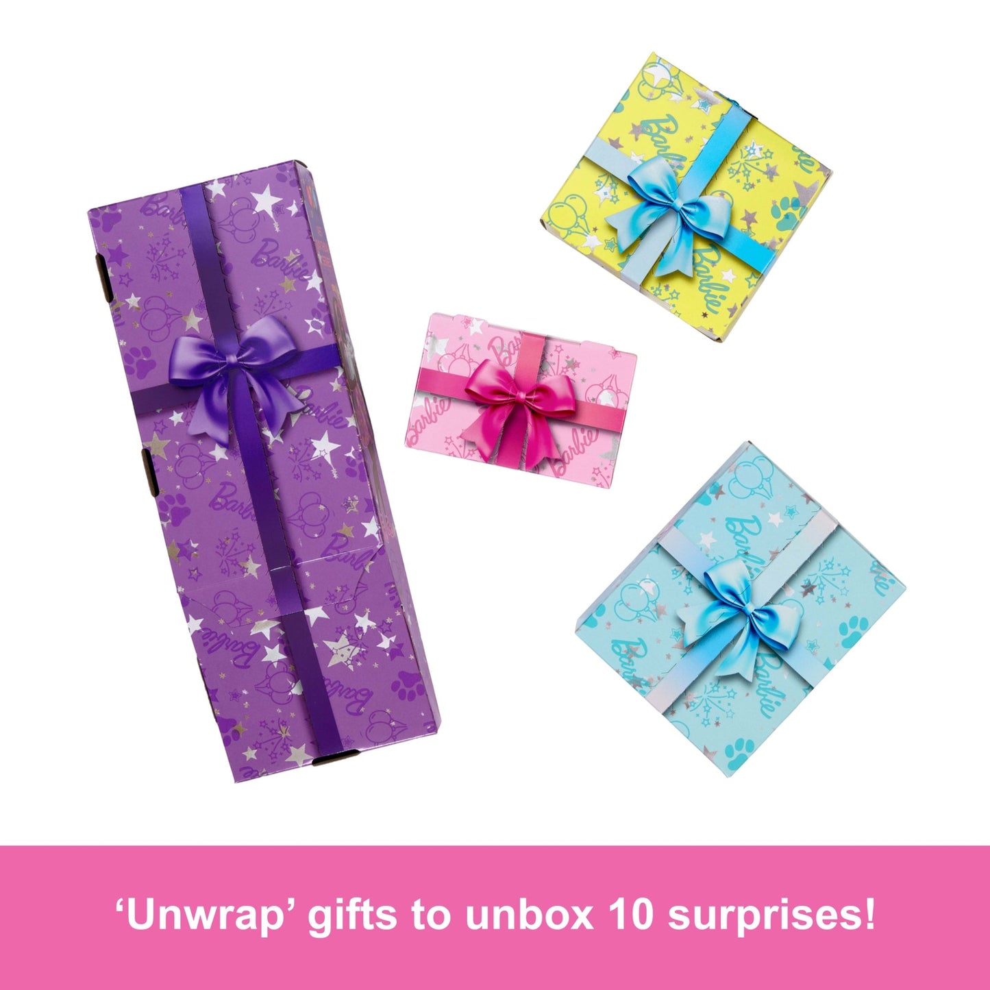 Barbie Party Unboxed Pet Birthday Series Doll & Accessories, Shimmerin’ Hearts Set With 10 Surprises