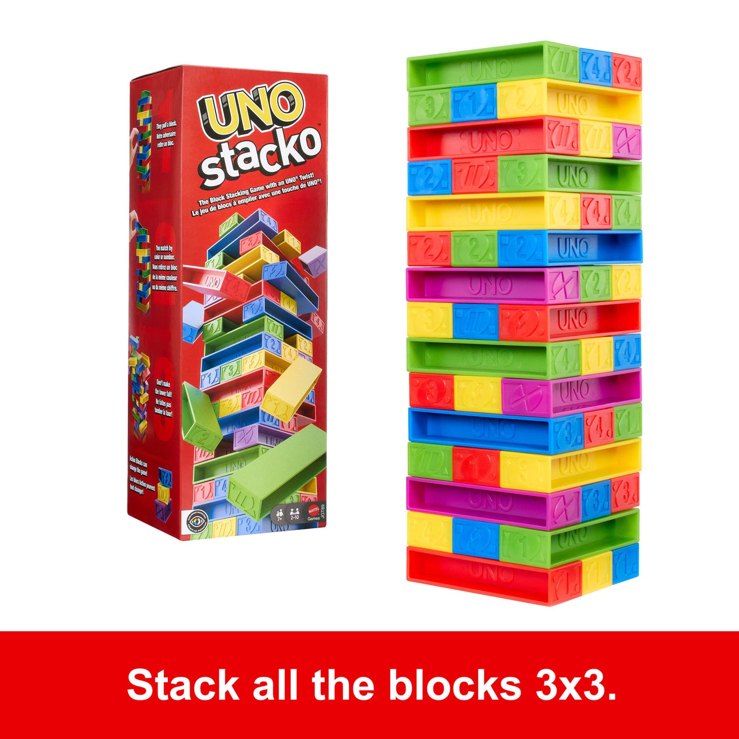 UNO Stacko Game For Kids & Family With 45 Colored Stacking Blocks & Tray