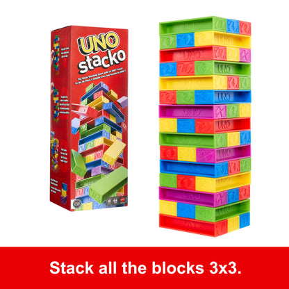 UNO Stacko Game For Kids & Family With 45 Colored Stacking Blocks & Tray