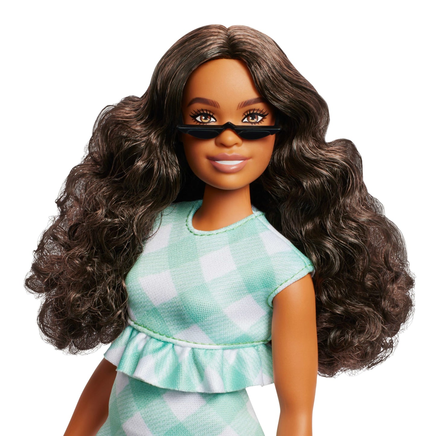 Barbie Fashionistas Doll #240 in Green Gingham Dress And Sunglasses, Wavy Dark Brown Hair