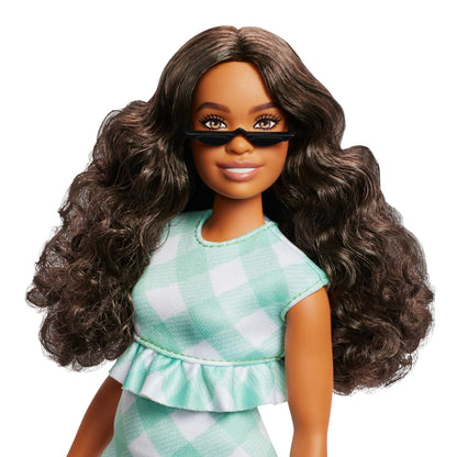 Barbie Fashionistas Doll #240 in Green Gingham Dress And Sunglasses, Wavy Dark Brown Hair