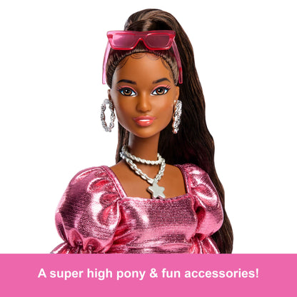 Barbie Deluxe Style Fashion Doll #6 in Metallic Coral Dress With Bubble Hem And Silvery Accessories