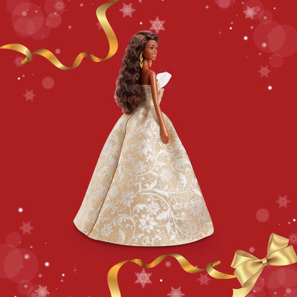 Barbie Signature 2025 Holiday Barbie Fashion Doll, Seasonal Collector, Black Hair With Silver & Gold Gown