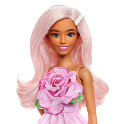 Barbie Fashionistas Doll #238 in Strapless Rose Dress, Pink Hair With Barrette Accessory