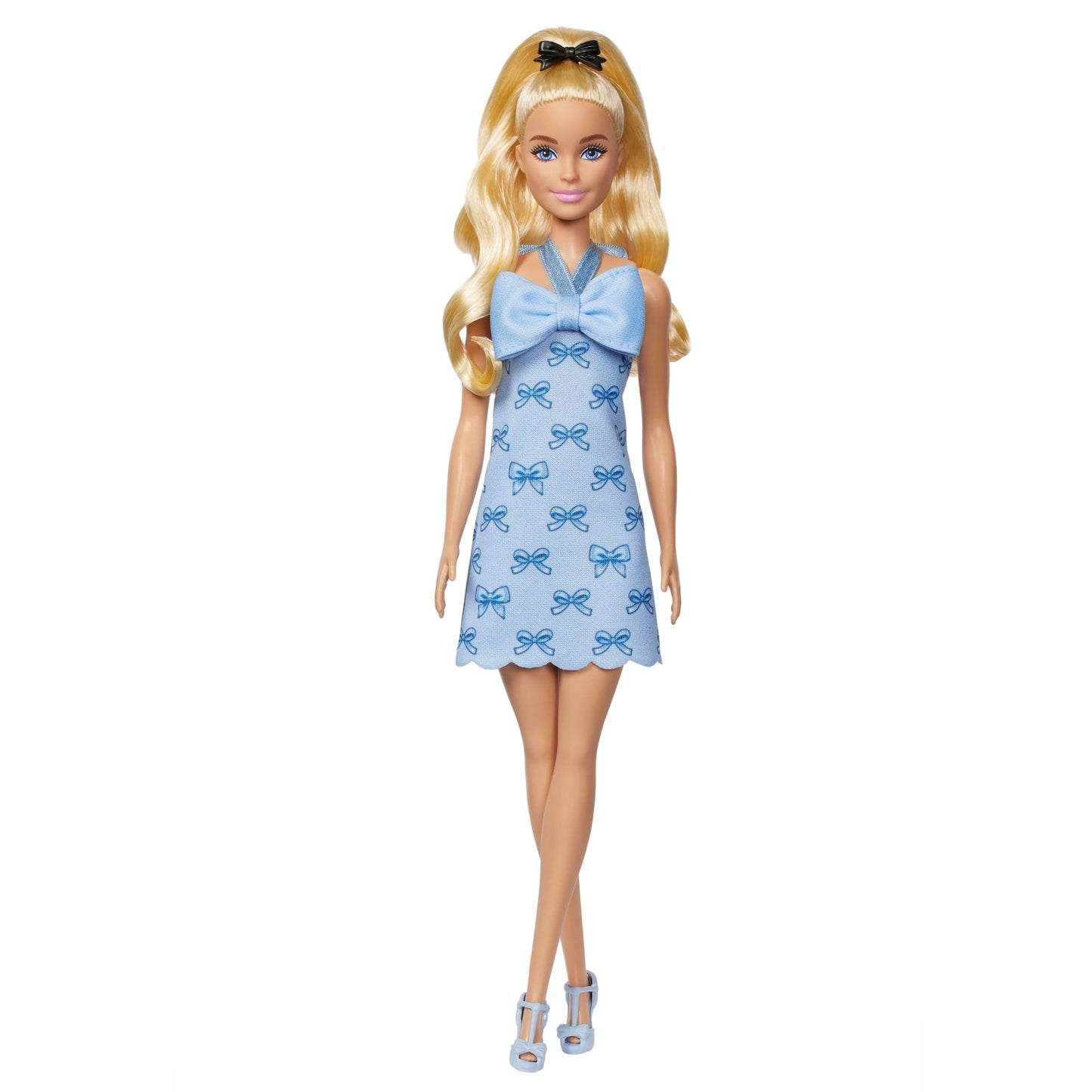 Barbie Fashionistas Doll #237 in Blue Bow Halter Dress, Blonde Ponytail With Bow Accessory