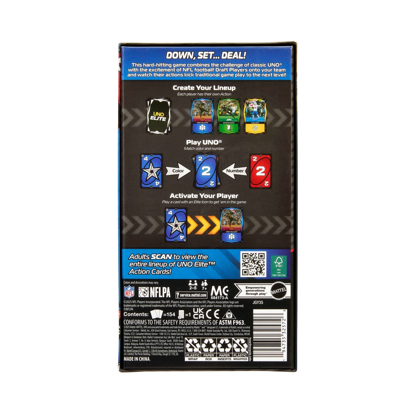 UNO Elite NFL Card Game 2025 Alt Jerseys Edition Starter Pack With 4 Booster Packs & 2 Promo Cards