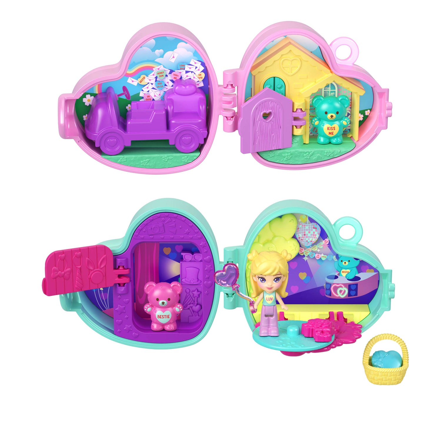 Polly Pocket X Sweethearts Doll & 2 Playsets With 7 Accessories, Compact Travel Toy With Keychain Clip