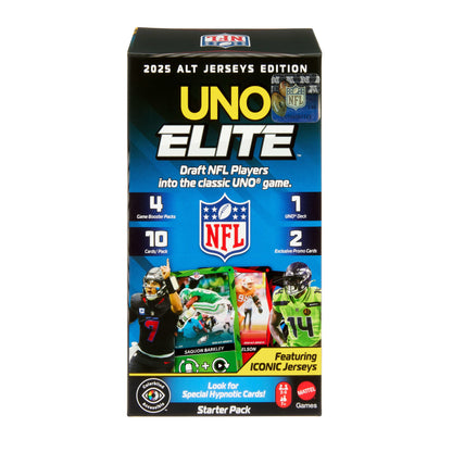 UNO Elite NFL Card Game 2025 Alt Jerseys Edition Starter Pack With 4 Booster Packs & 2 Promo Cards