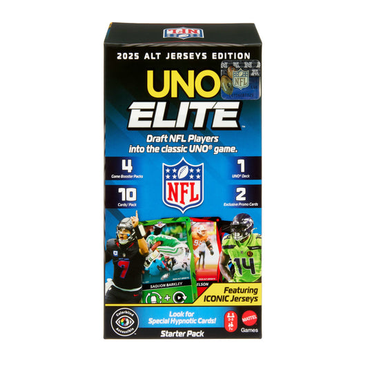 UNO Elite NFL Card Game 2025 Alt Jerseys Edition Starter Pack With 4 Booster Packs & 2 Promo Cards