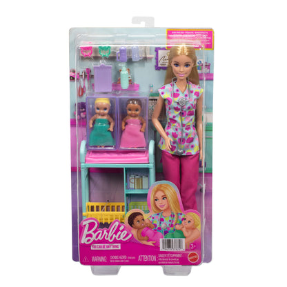 Barbie Métiers-Coffret Barbie Pédiatre-Poupée Blonde et 2 Poupées Bébés