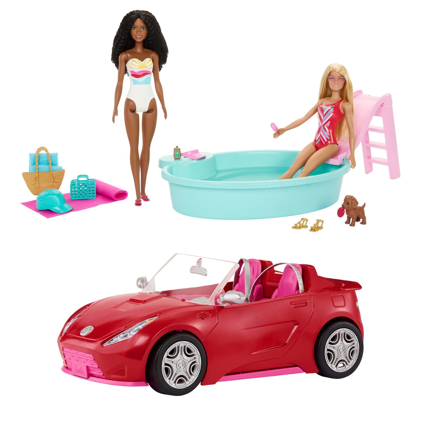 Barbie Playset With 2 Fashion Dolls, Convertible Toy Car, Pool With Slide & 15 Accessories Including Pet