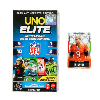 UNO Elite NFL Card Game 2025 Alt Jerseys Edition Starter Pack With 4 Booster Packs & 2 Promo Cards
