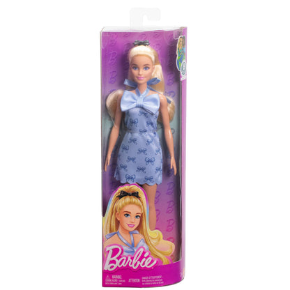 Barbie Fashionistas Doll #237 in Blue Bow Halter Dress, Blonde Ponytail With Bow Accessory