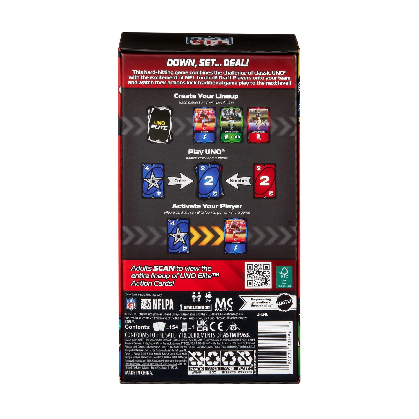 UNO Elite NFL Card Game 2025 Core Edition Starter Set With Deck, 4 Game Booster Packs & 2 Promo Cards