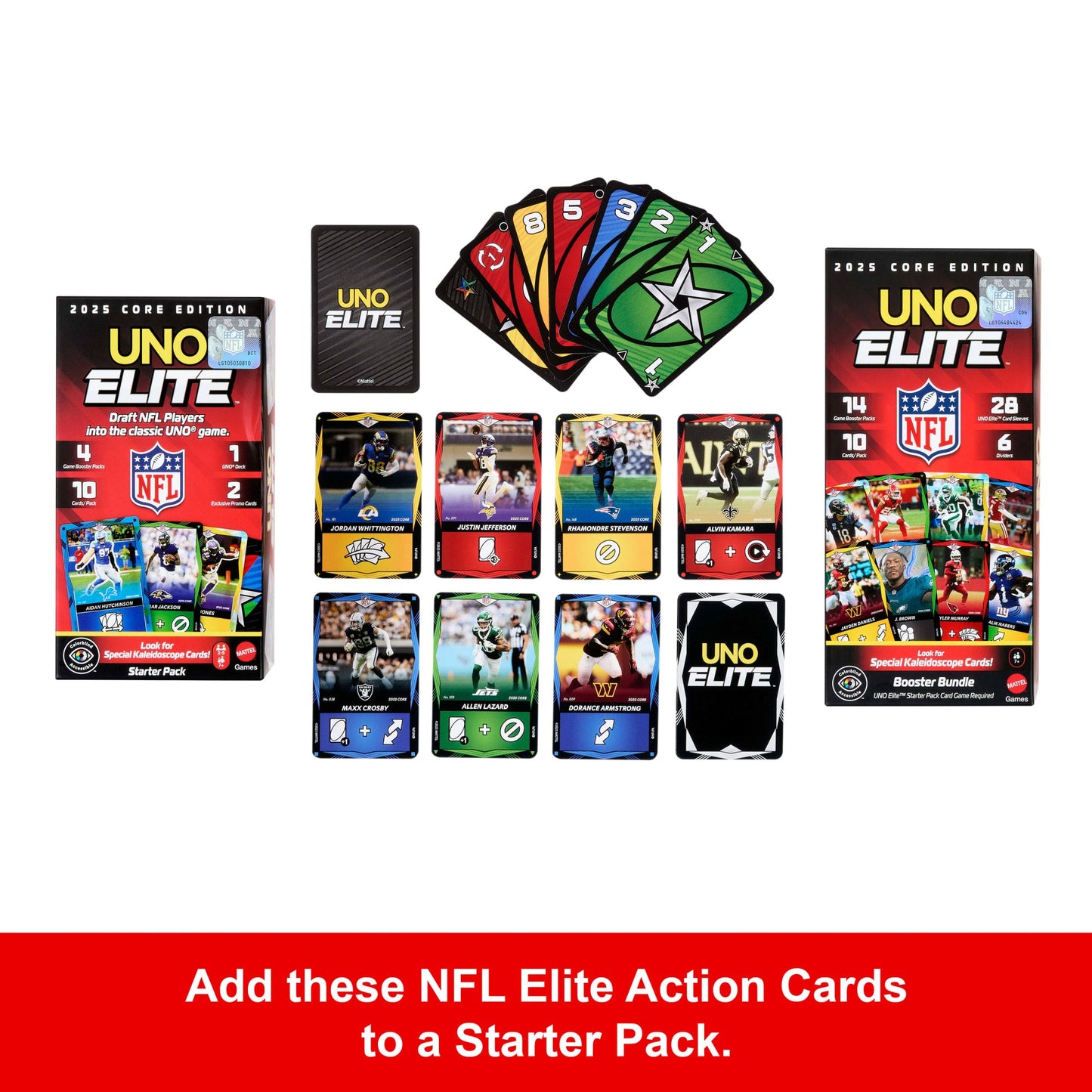 UNO Elite NFL Booster Bundle Set With 140 Elite Action Cards, 2025 Core Edition (Players May Vary)