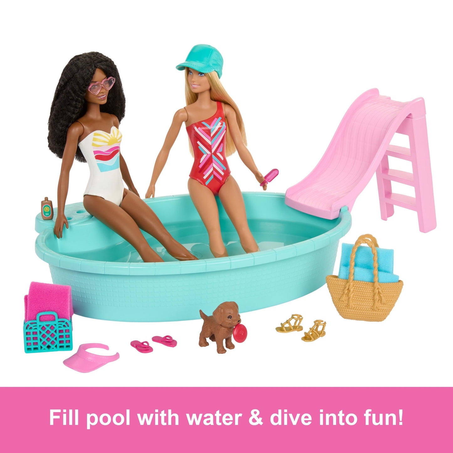 Barbie Playset With 2 Fashion Dolls, Convertible Toy Car, Pool With Slide & 15 Accessories Including Pet