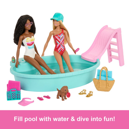 Barbie Playset With 2 Fashion Dolls, Convertible Toy Car, Pool With Slide & 15 Accessories Including Pet