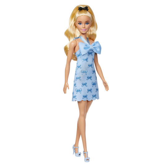 Barbie Fashionistas Doll #237 in Blue Bow Halter Dress, Blonde Ponytail With Bow Accessory