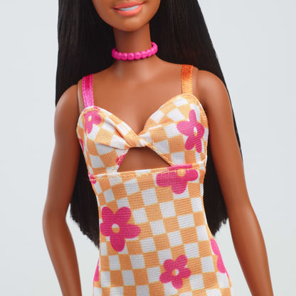 Barbie Fashionistas Doll #233 in Checkered Flower Midi Dress, Black Hair