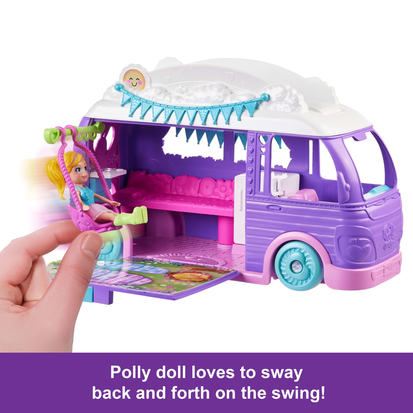 Polly Pocket Glamping Camper Van, Doll & Pet Playset, Camping & Food Accessories, Travel Toy