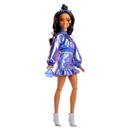 Barbie Deluxe Style Fashion Doll #7 in Metallic Blue Top And Skirt With Accessories, Brunette
