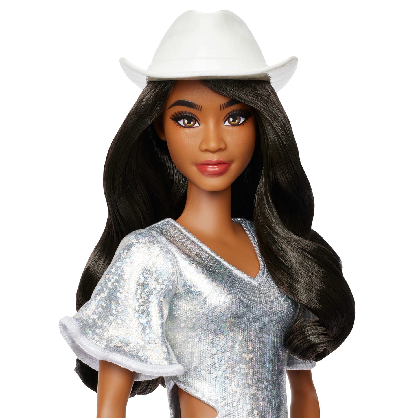 Barbie Fashionistas Doll #239 in Sparkly Silver Dress With Cowboy Hat And Boots, Black Hair