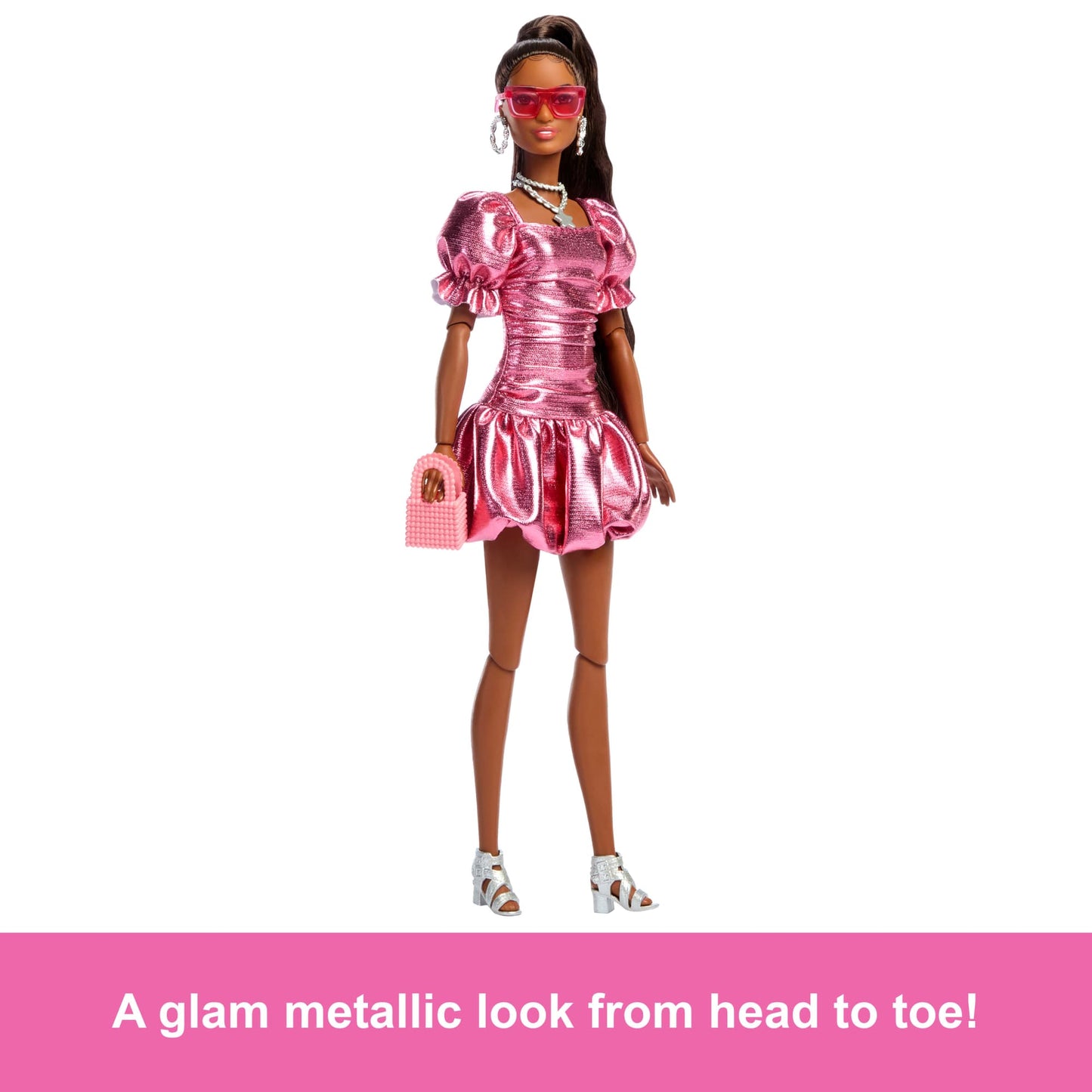 Barbie Deluxe Style Fashion Doll #6 in Metallic Coral Dress With Bubble Hem And Silvery Accessories
