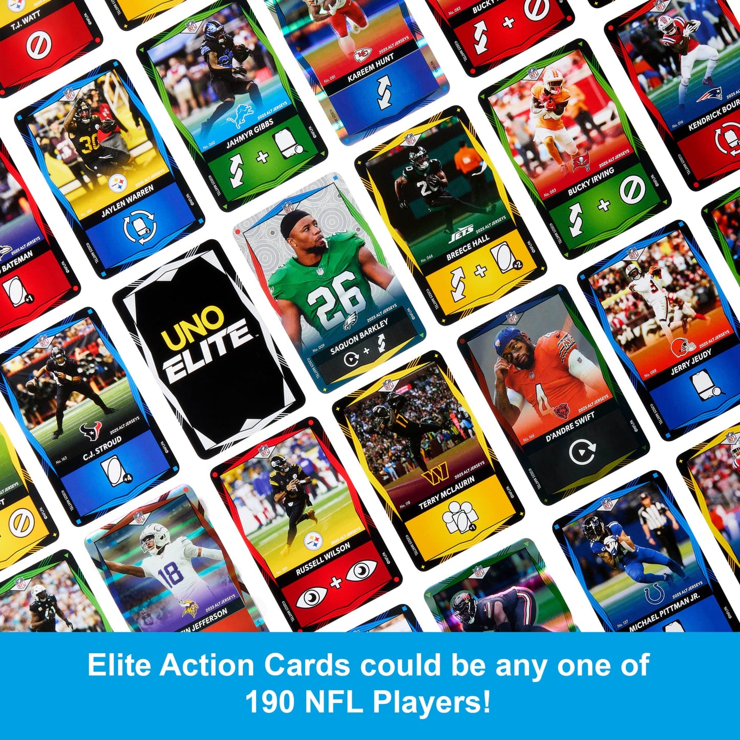 UNO Elite NFL Card Game 2025 Alt Jerseys Edition Starter Pack With 4 Booster Packs & 2 Promo Cards