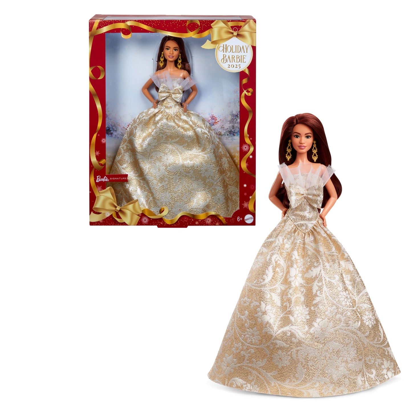 Barbie Signature 2025 Holiday Barbie Fashion Doll, Seasonal Collector, Dark Brown Hair With Silver & Gold Gown