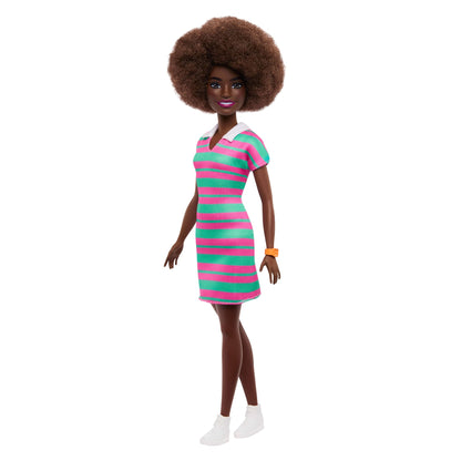Barbie Fashionistas Doll #247 With Pink And Green Striped Dress, Curly Black Hair