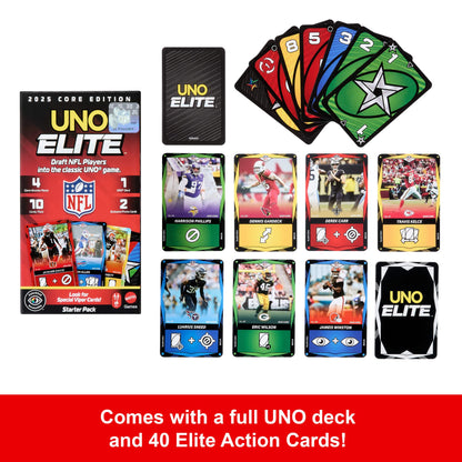 UNO Elite NFL Card Game 2025 Core Edition Starter Set With Deck, 4 Game Booster Packs & 2 Promo Cards