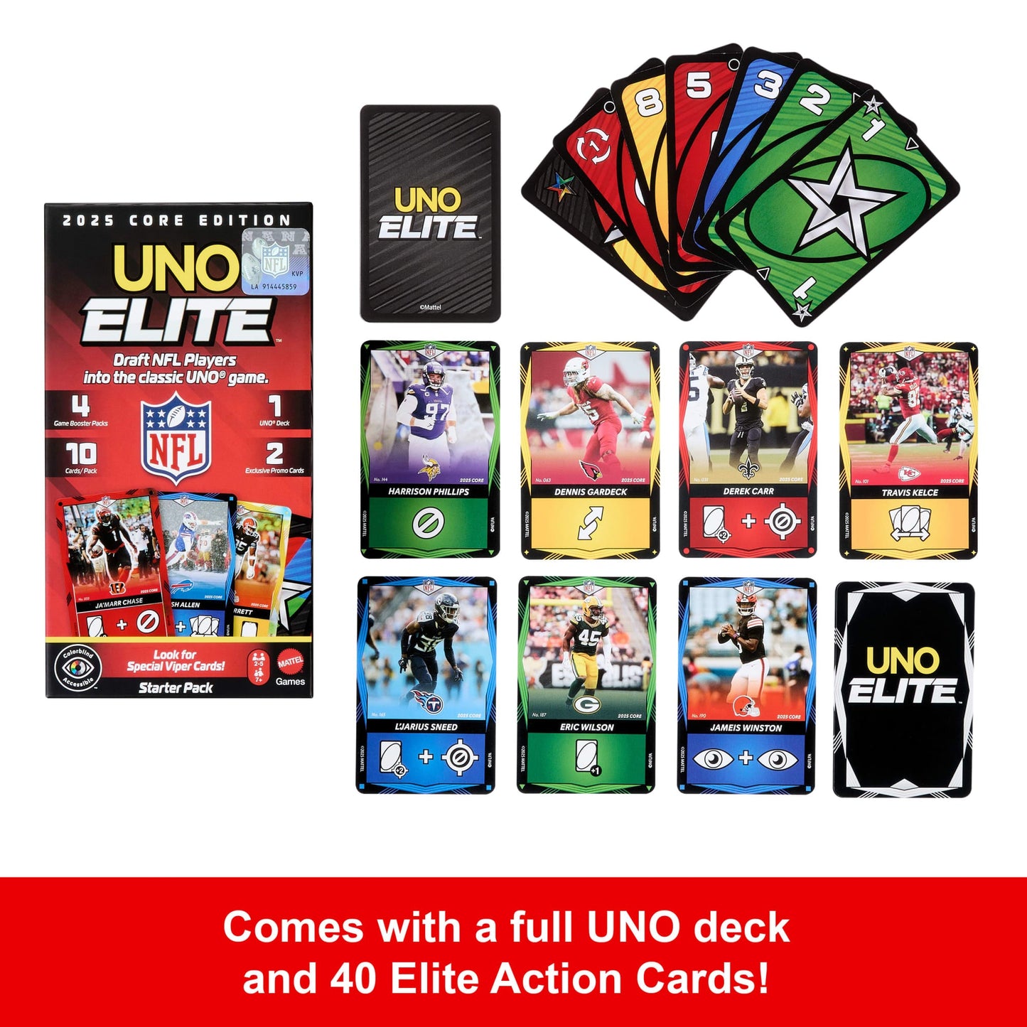 UNO Elite NFL Card Game 2025 Core Edition Starter Set With Deck, 4 Game Booster Packs & 2 Promo Cards