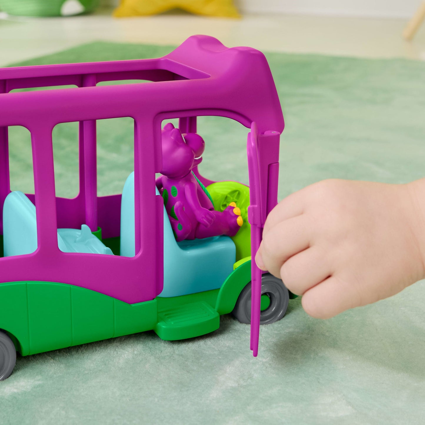 Véhicule Jouet à Pousser L’Autobus des Aventures et Figurine de Barney Le Monde de Barney de Fisher-Price,
